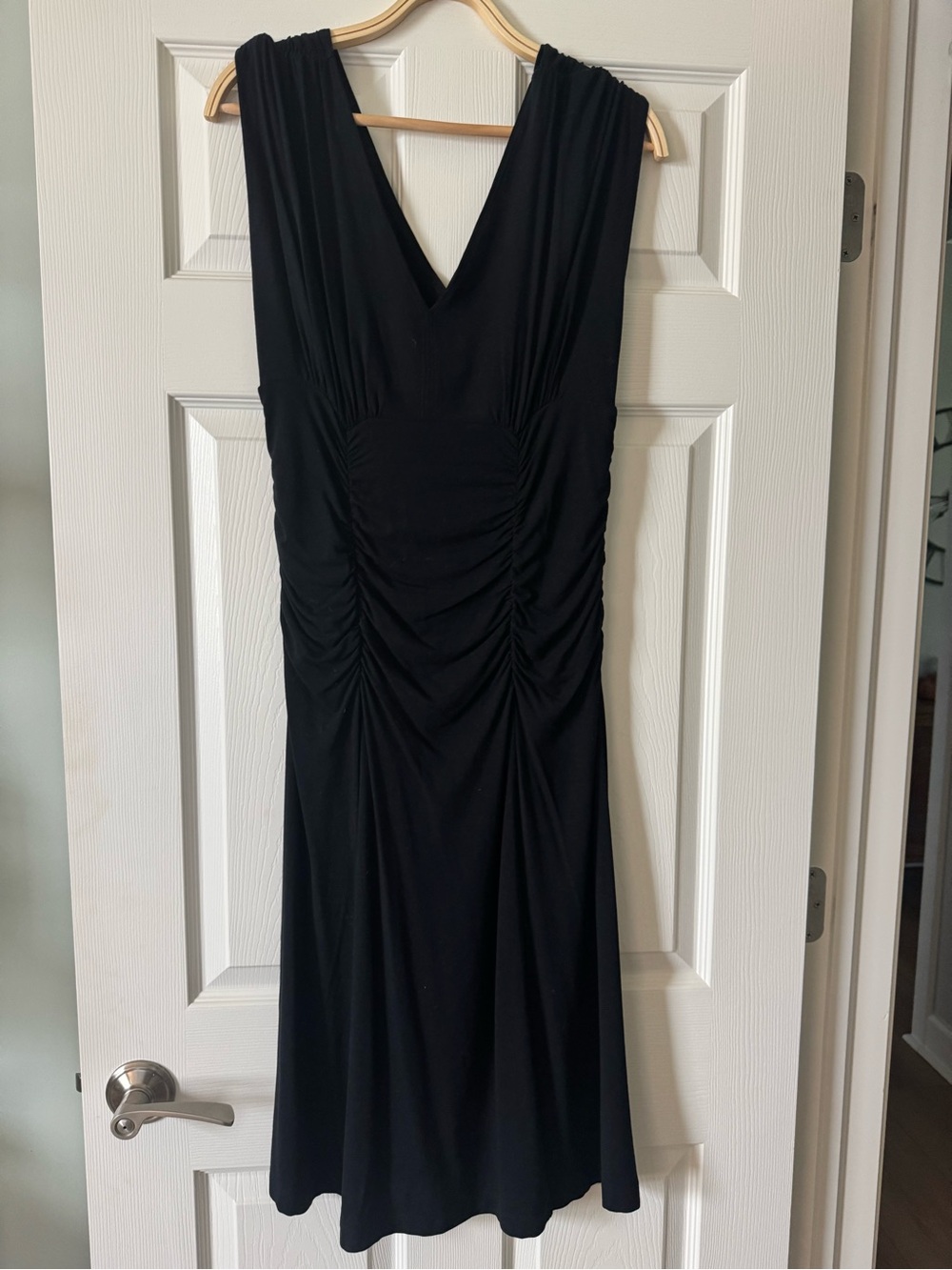 Cabi Ruched Black Midi V-Neck Dress. Size Large. Excellent Condition